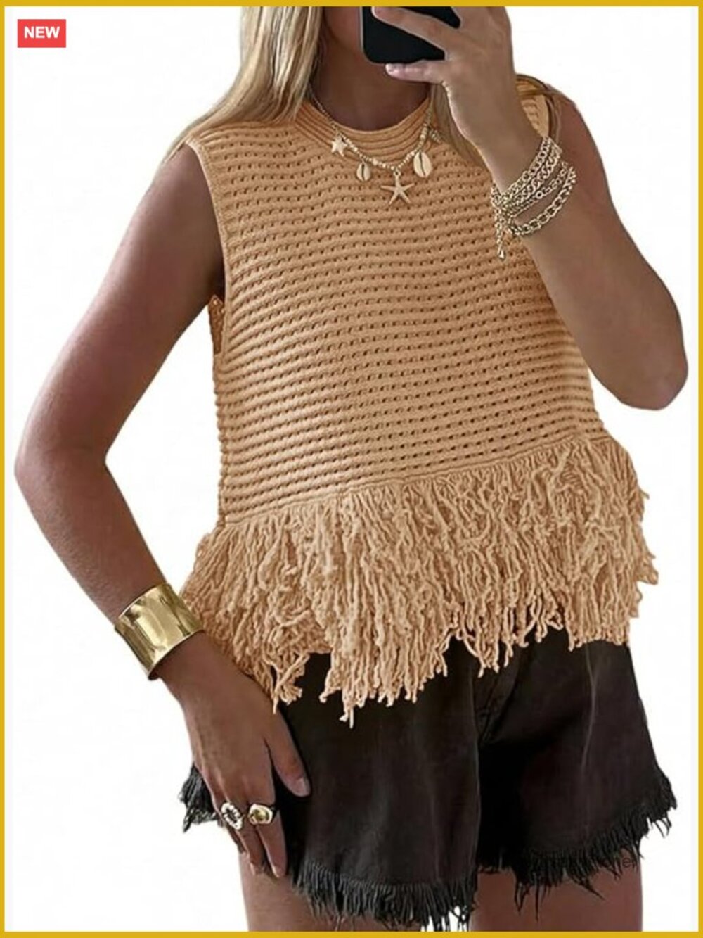 Crochet Crop Tank Top Sleeveless Fringe Crew Neck Boho Knit Sweater Vest Summer - Picture 1 of 7